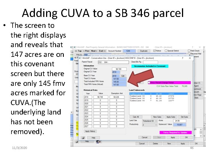 Adding CUVA to a SB 346 parcel • The screen to the right displays