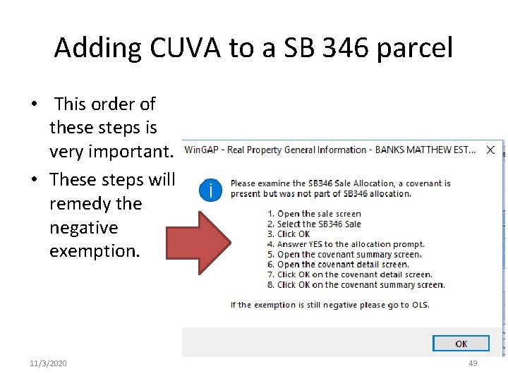Adding CUVA to a SB 346 parcel • This order of these steps is