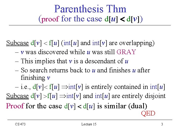 Parenthesis Thm (proof for the case d[u] d[v]) Subcase d[v] f[u] (int[u] and int[v]