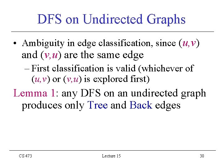 DFS on Undirected Graphs • Ambiguity in edge classification, since (u, v) and (v,