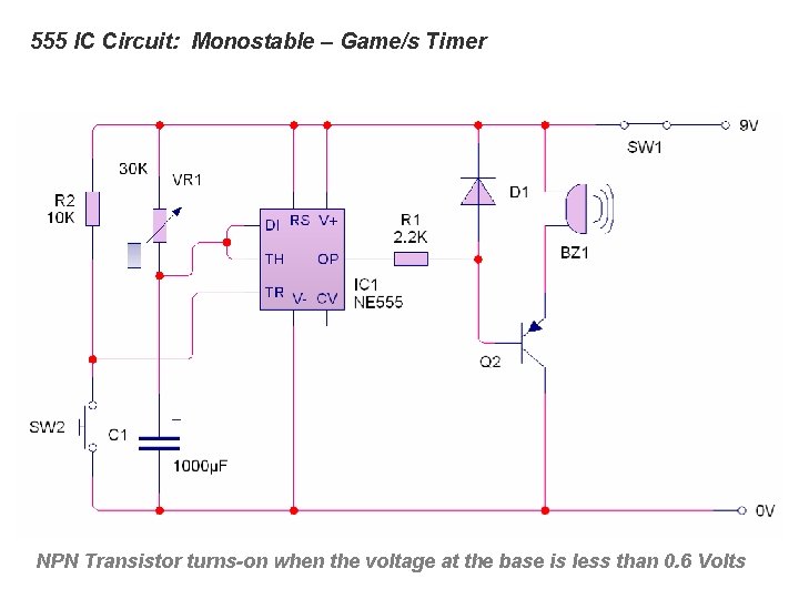 555 IC Circuit: Monostable – Game/s Timer NPN Transistor turns-on when the voltage at