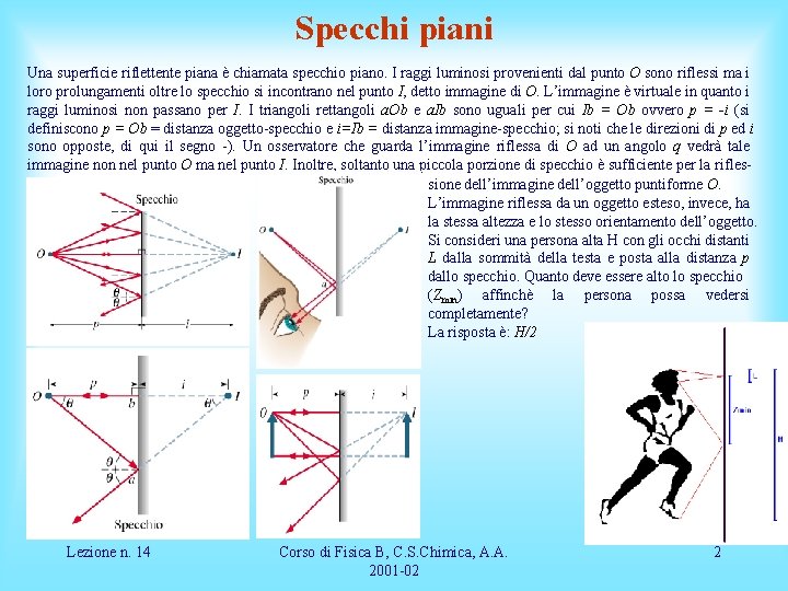 Specchi piani Una superficie riflettente piana è chiamata specchio piano. I raggi luminosi provenienti