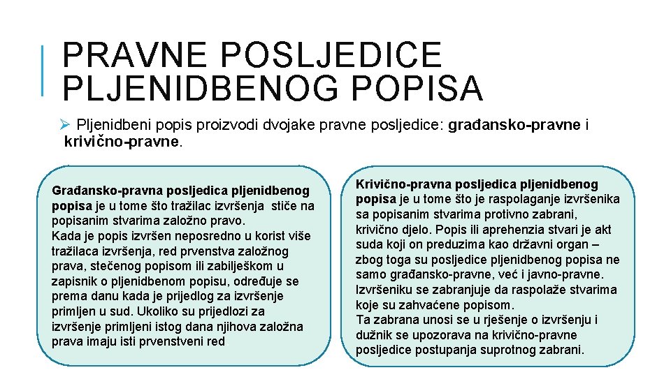 PRAVNE POSLJEDICE PLJENIDBENOG POPISA Ø Pljenidbeni popis proizvodi dvojake pravne posljedice: građansko-pravne i krivično-pravne. PRAVNE POSLJEDICE PLJENIDBENOG POPISA Ø Pljenidbeni popis proizvodi dvojake pravne posljedice: građansko-pravne i krivično-pravne.