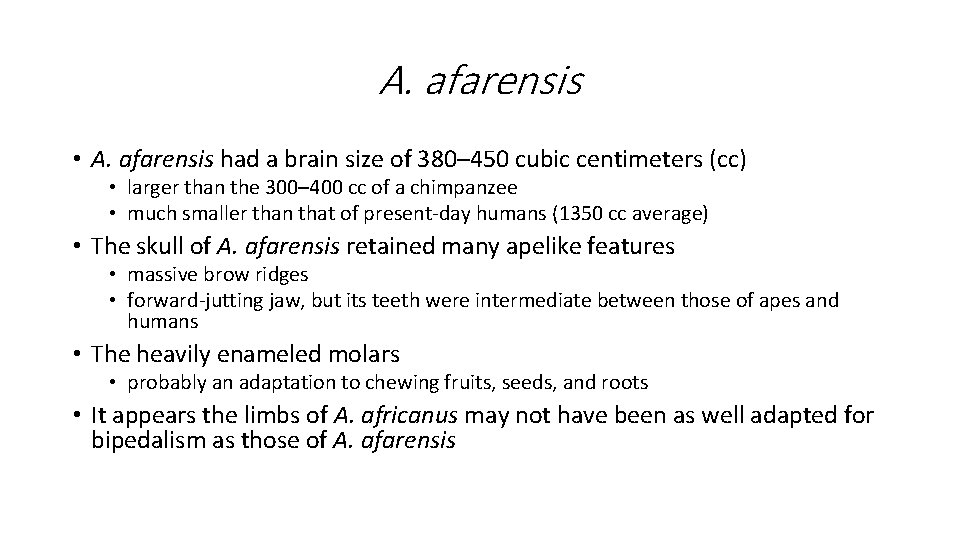 A. afarensis • A. afarensis had a brain size of 380– 450 cubic centimeters A. afarensis • A. afarensis had a brain size of 380– 450 cubic centimeters