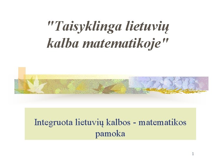 "Taisyklinga lietuvių kalba matematikoje" Integruota lietuvių kalbos - matematikos pamoka 1 