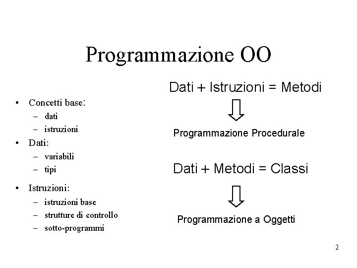 Programmazione OO Dati Istruzioni = Metodi • Concetti base: – dati – istruzioni •