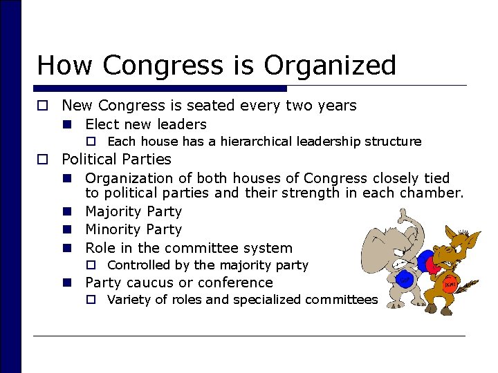 How Congress is Organized o New Congress is seated every two years n Elect