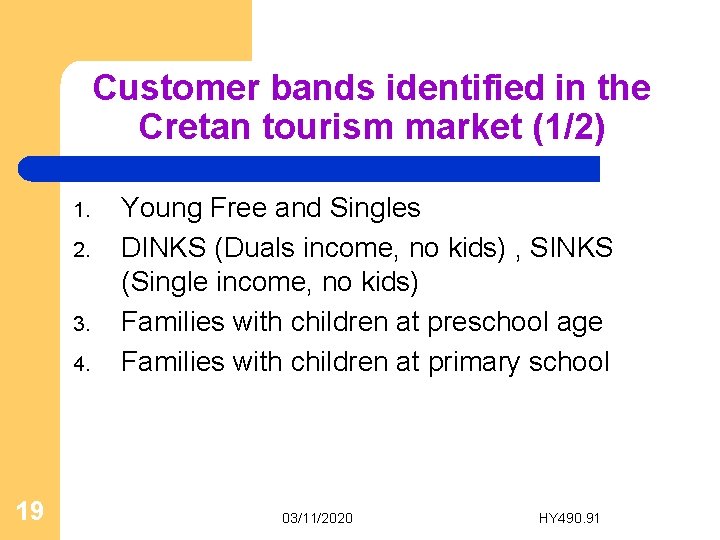 Customer bands identified in the Cretan tourism market (1/2) 1. 2. 3. 4. 19