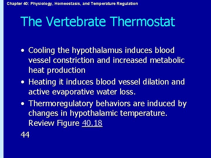 Chapter 40: Physiology, Homeostasis, and Temperature Regulation The Vertebrate Thermostat • Cooling the hypothalamus