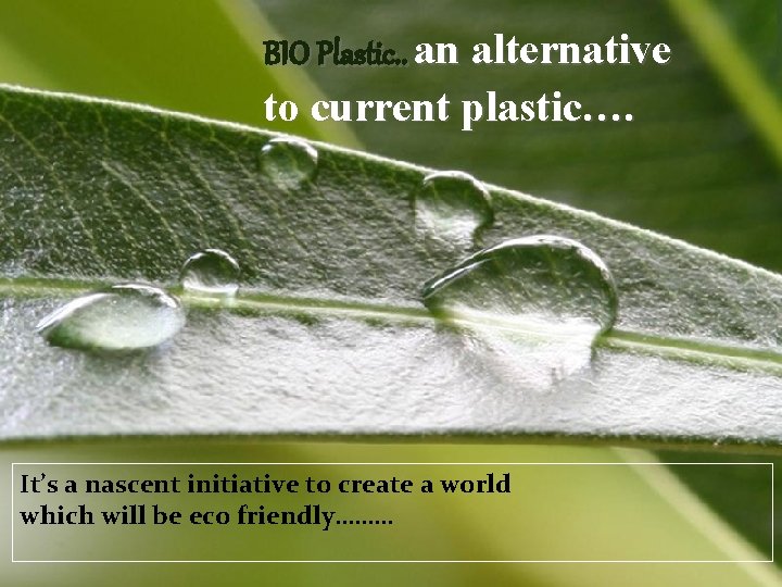 BIO Plastic. . an alternative to current plastic…. It’s a nascent initiative to create