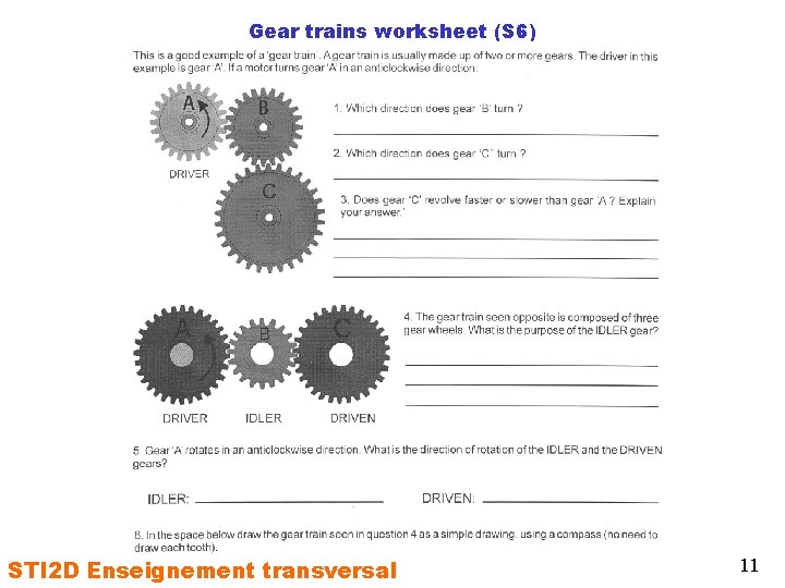 Gear trains worksheet (S 6) STI 2 D Enseignement transversal 11 