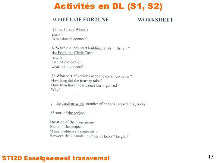 Activités en DL (S 1, S 2) STI 2 D Enseignement transversal 15 