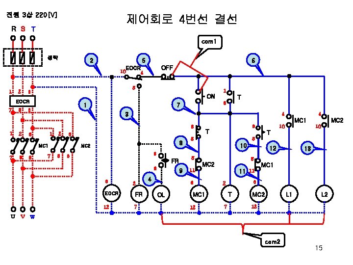 전원 3상 220[V] 제어회로 4번선 결선 R S T com 1 생략 2 5