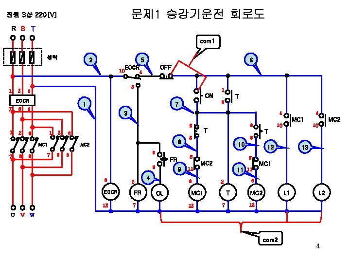 문제 1 승강기운전 회로도 전원 3상 220[V] R S T com 1 생략 2