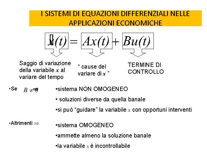 I SISTEMI DI EQUAZIONI DIFFERENZIALI NELLE APPLICAZIONI ECONOMICHE Saggio di variazione della variabile x