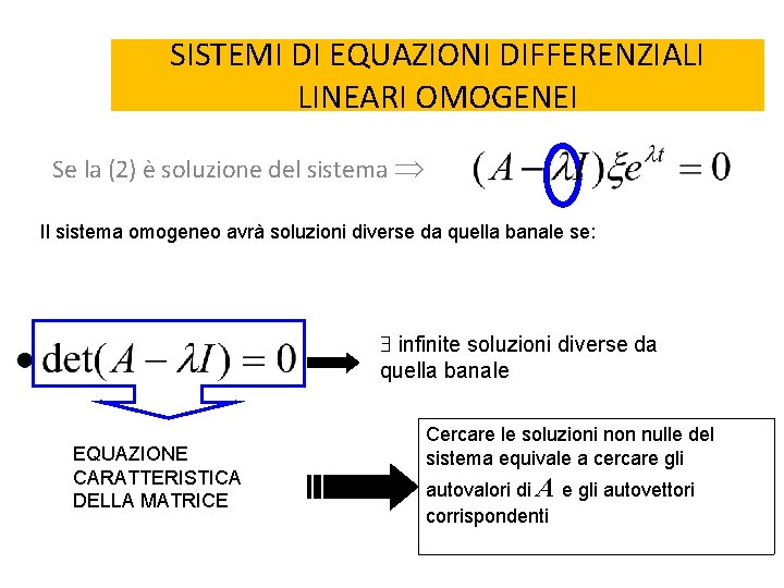 SISTEMI DI EQUAZIONI DIFFERENZIALI LINEARI OMOGENEI Se la (2) è soluzione del sistema Il