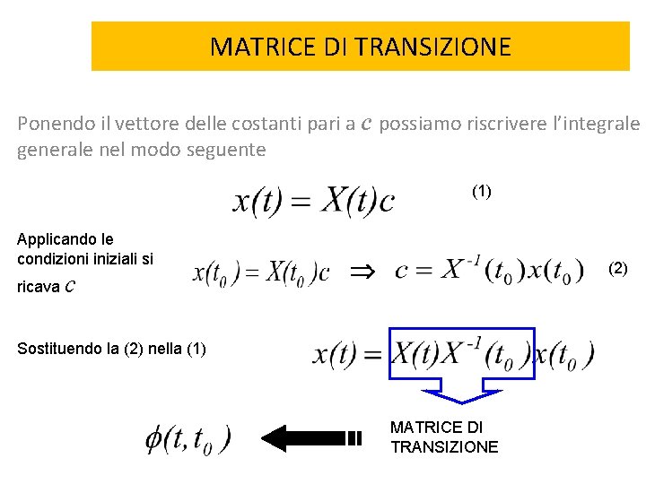 MATRICE DI TRANSIZIONE Ponendo il vettore delle costanti pari a c possiamo riscrivere l’integrale