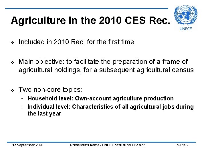 Agriculture in the 2010 CES Rec. v v v Included in 2010 Rec. for