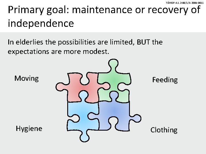 TÁMOP-4. 1. 2 -08/1/A-2009 -0011 Primary goal: maintenance or recovery of independence In elderlies