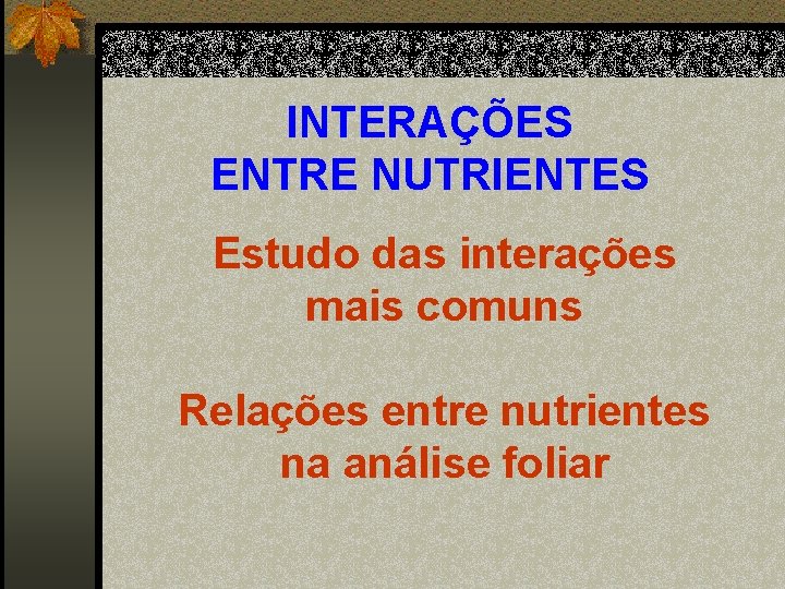 INTERAÇÕES ENTRE NUTRIENTES Estudo das interações mais comuns Relações entre nutrientes na análise foliar