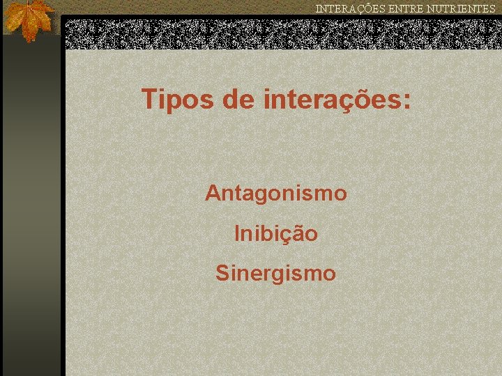 INTERAÇÕES ENTRE NUTRIENTES Tipos de interações: Antagonismo Inibição Sinergismo 