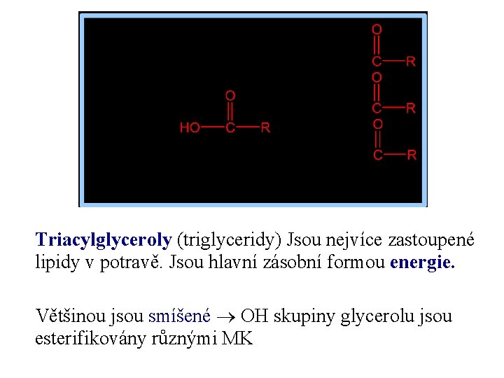 Triacylglyceroly (triglyceridy) Jsou nejvíce zastoupené lipidy v potravě. Jsou hlavní zásobní formou energie. Většinou