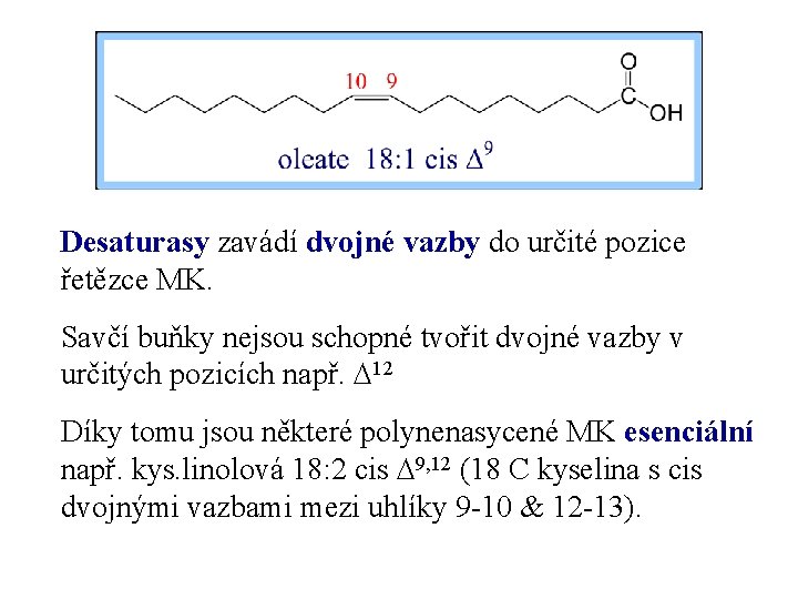 Desaturasy zavádí dvojné vazby do určité pozice řetězce MK. Savčí buňky nejsou schopné tvořit