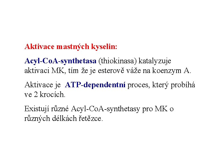 Aktivace mastných kyselin: Acyl-Co. A-synthetasa (thiokinasa) katalyzuje aktivaci MK, tím že je esterově váže