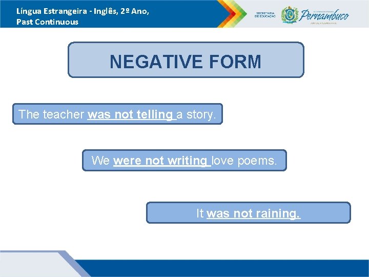 Língua Estrangeira - Inglês, 2º Ano, Past Continuous NEGATIVE FORM The teacher was not