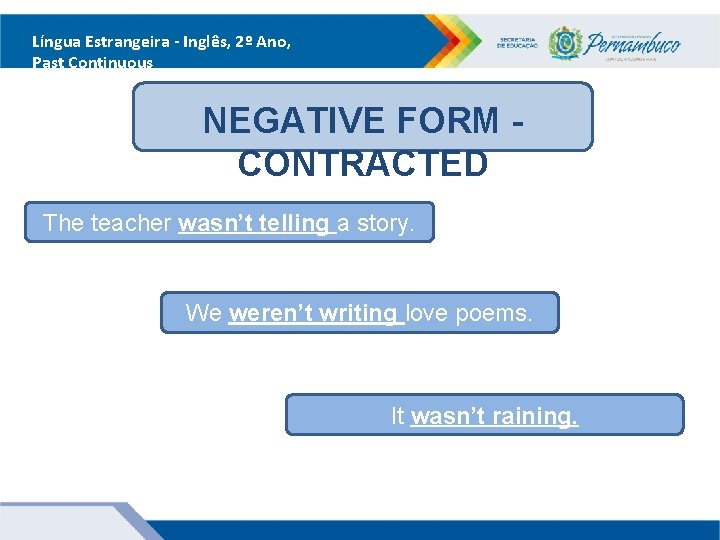 Língua Estrangeira - Inglês, 2º Ano, Past Continuous NEGATIVE FORM CONTRACTED The teacher wasn’t