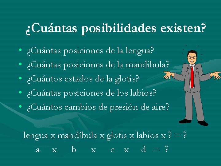 ¿Cuántas posibilidades existen? • • • ¿Cuántas posiciones de la lengua? ¿Cuántas posiciones de ¿Cuántas posibilidades existen? • • • ¿Cuántas posiciones de la lengua? ¿Cuántas posiciones de