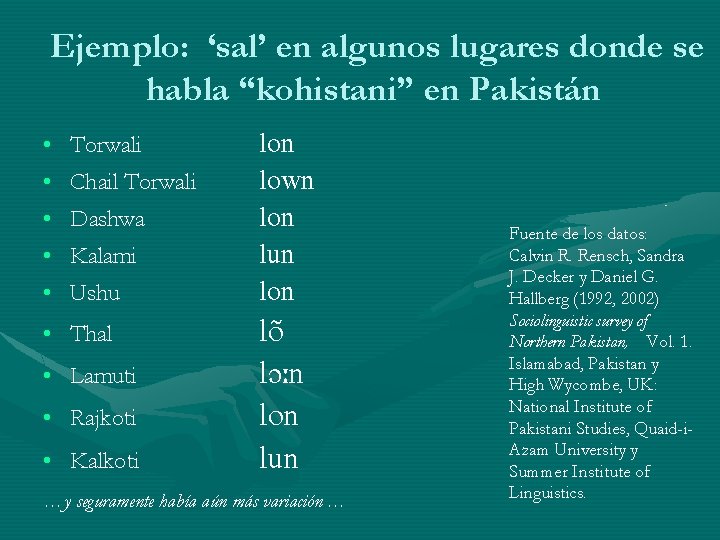 Ejemplo: ‘sal’ en algunos lugares donde se habla “kohistani” en Pakistán • Torwali • Ejemplo: ‘sal’ en algunos lugares donde se habla “kohistani” en Pakistán • Torwali •