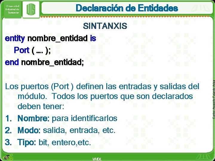 Declaración de Entidades Los puertos (Port ) definen las entradas y salidas del módulo.