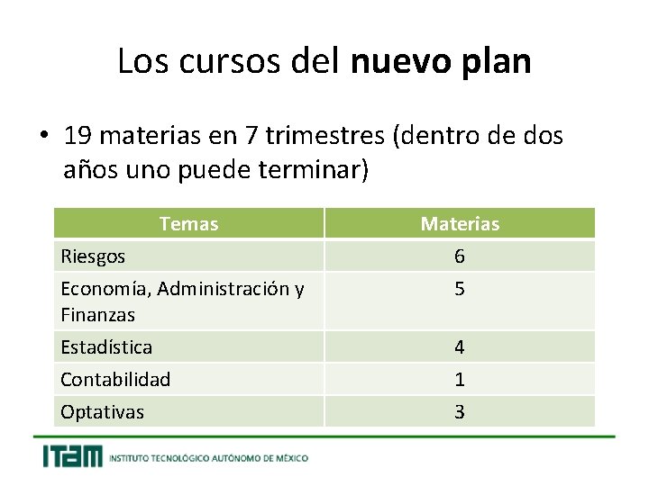 Los cursos del nuevo plan • 19 materias en 7 trimestres (dentro de dos