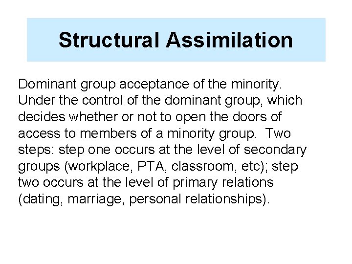 Structural Assimilation Dominant group acceptance of the minority. Under the control of the dominant