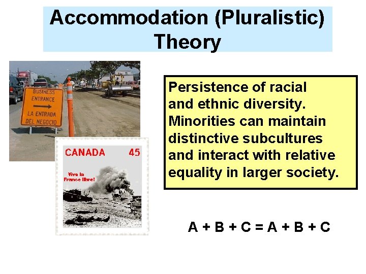 Accommodation (Pluralistic) Theory Persistence of racial and ethnic diversity. Minorities can maintain distinctive subcultures