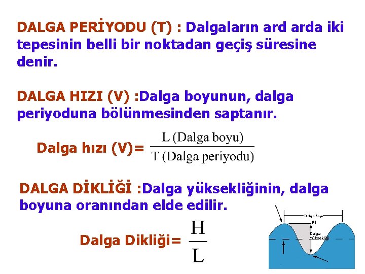 DALGA PERİYODU (T) : Dalgaların arda iki tepesinin belli bir noktadan geçiş süresine denir.