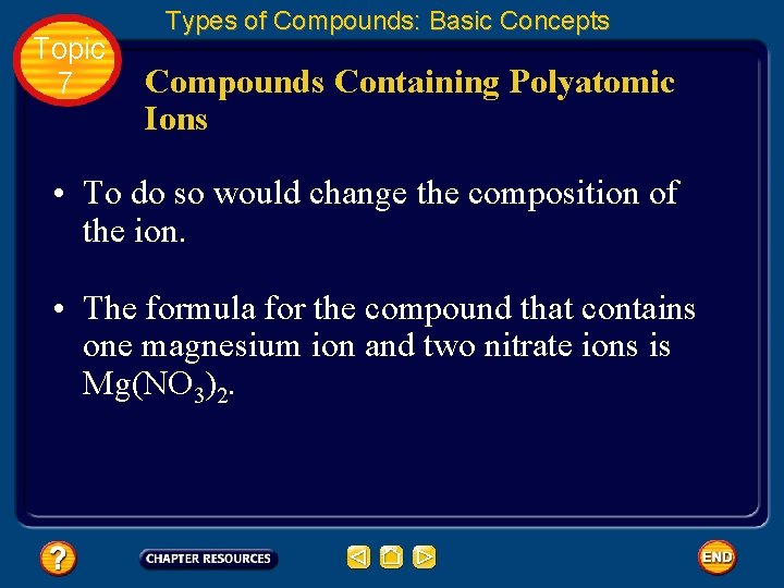Topic 7 Types of Compounds: Basic Concepts Compounds Containing Polyatomic Ions • To do