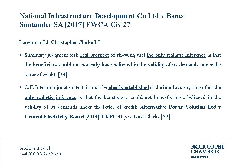 National Infrastructure Development Co Ltd v Banco Santander SA [2017] EWCA Civ 27 Longmore