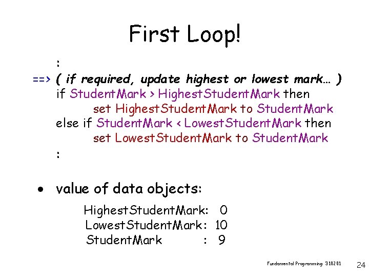 First Loop! : ==> ( if required, update highest or lowest mark… ) if