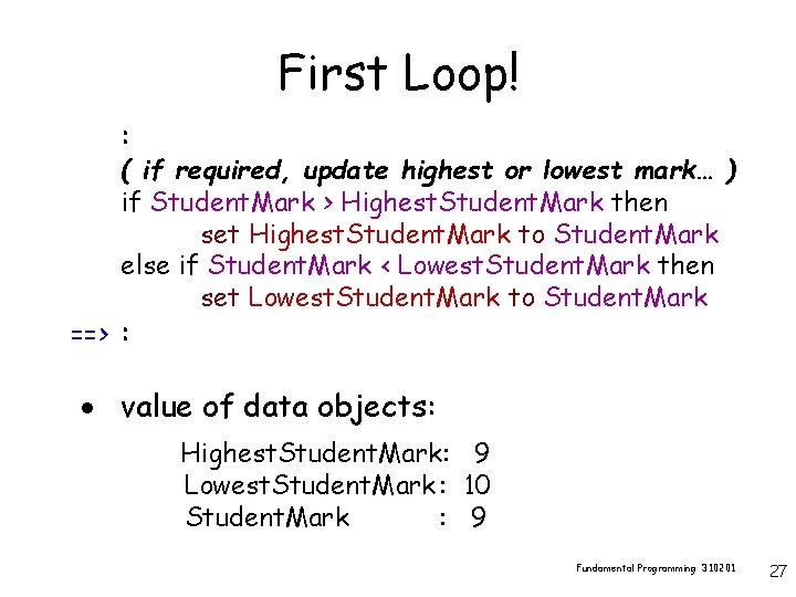 First Loop! : ( if required, update highest or lowest mark… ) if Student.