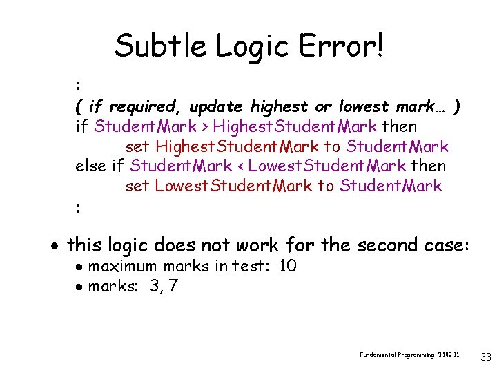 Subtle Logic Error! : ( if required, update highest or lowest mark… ) if