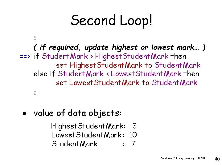 Second Loop! : ( if required, update highest or lowest mark… ) ==> if