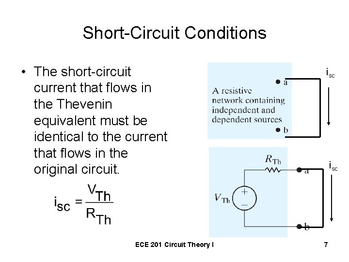 Short-Circuit Conditions • The short-circuit current that flows in the Thevenin equivalent must be