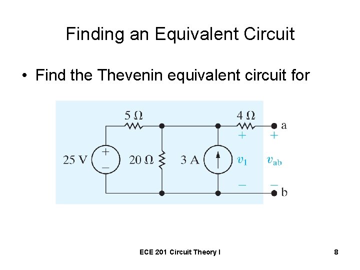 Finding an Equivalent Circuit • Find the Thevenin equivalent circuit for ECE 201 Circuit
