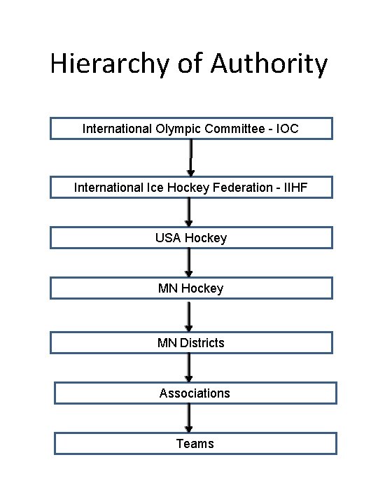 Hierarchy of Authority International Olympic Committee - IOC International Ice Hockey Federation - IIHF