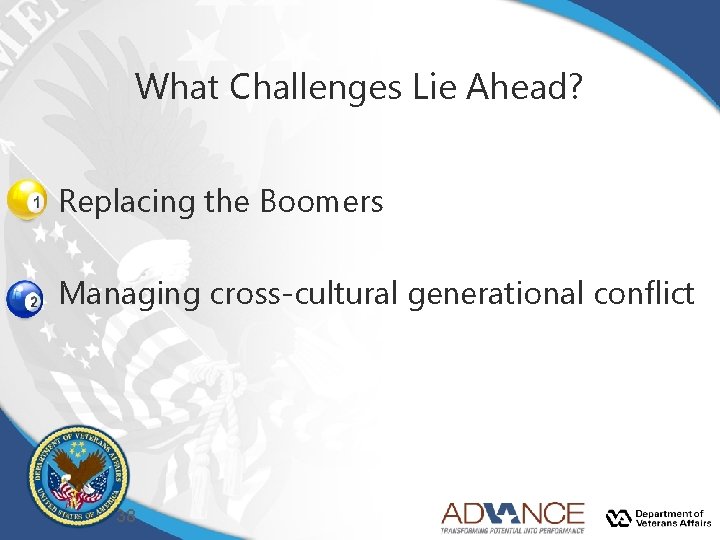 What Challenges Lie Ahead? Replacing the Boomers Managing cross-cultural generational conflict 38 What Challenges Lie Ahead? Replacing the Boomers Managing cross-cultural generational conflict 38