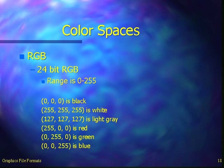 Color Spaces n RGB – 24 bit RGB n Range is 0 -255 (0,