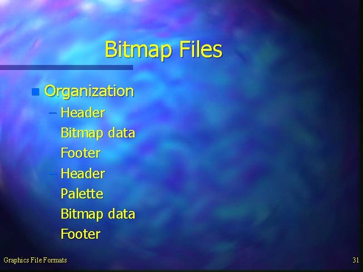 Bitmap Files n Organization – Header Bitmap data Footer – Header Palette Bitmap data
