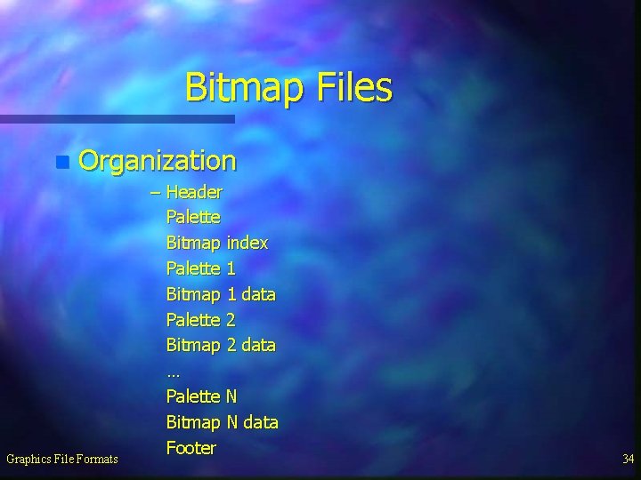 Bitmap Files n Organization Graphics File Formats – Header Palette Bitmap index Palette 1